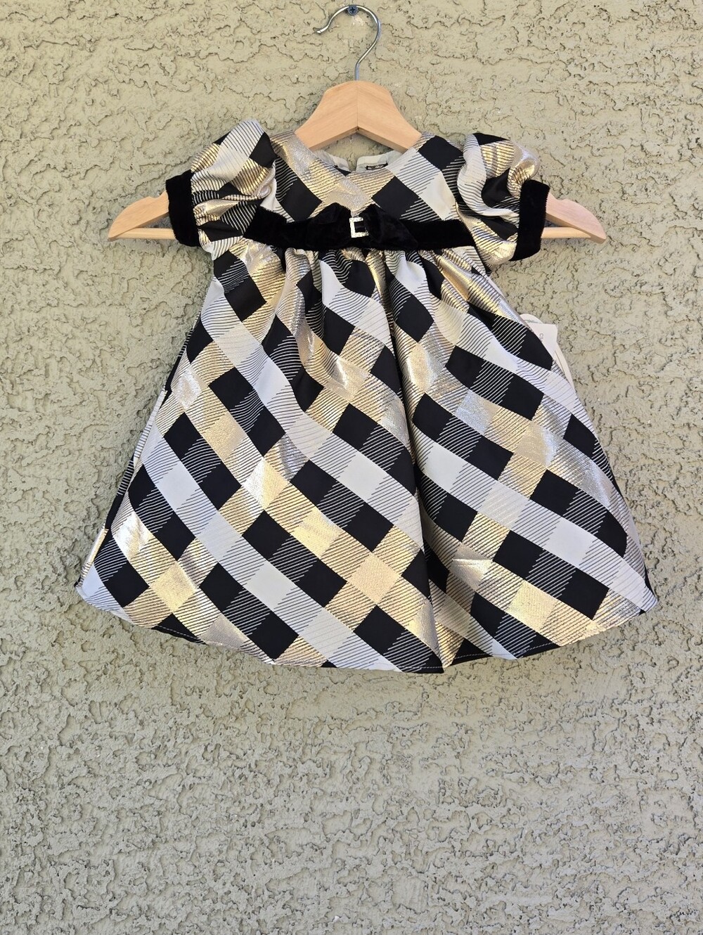 Swea Pea & Lilli Vintage  Black & Gold Plaid Party Dress with Velvet Trim